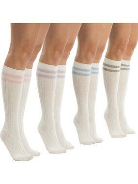 Striped Cotton Knee High Socks for Women | 4 Pairs Tube Socks | White & Colorful